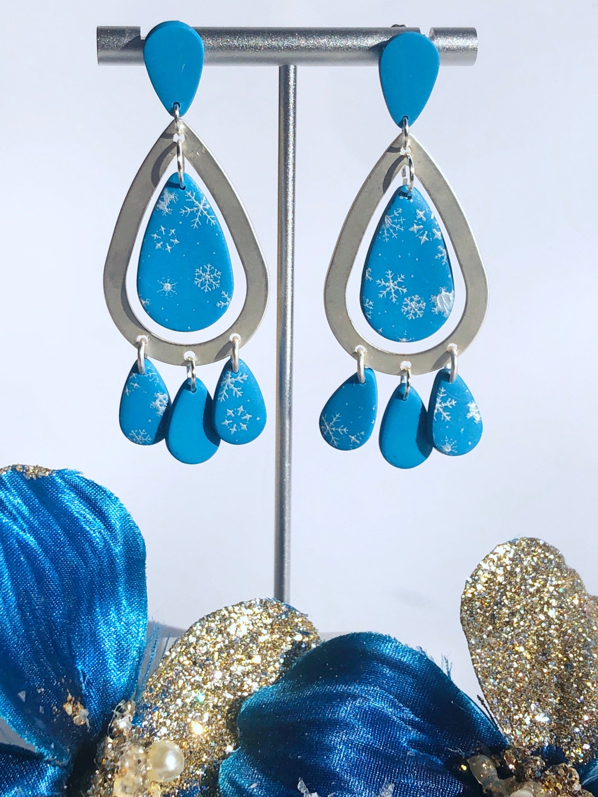 Earrings Lumi Lumi Blue Polymer Clay Teardrop Earrings, Snowflake Earrings