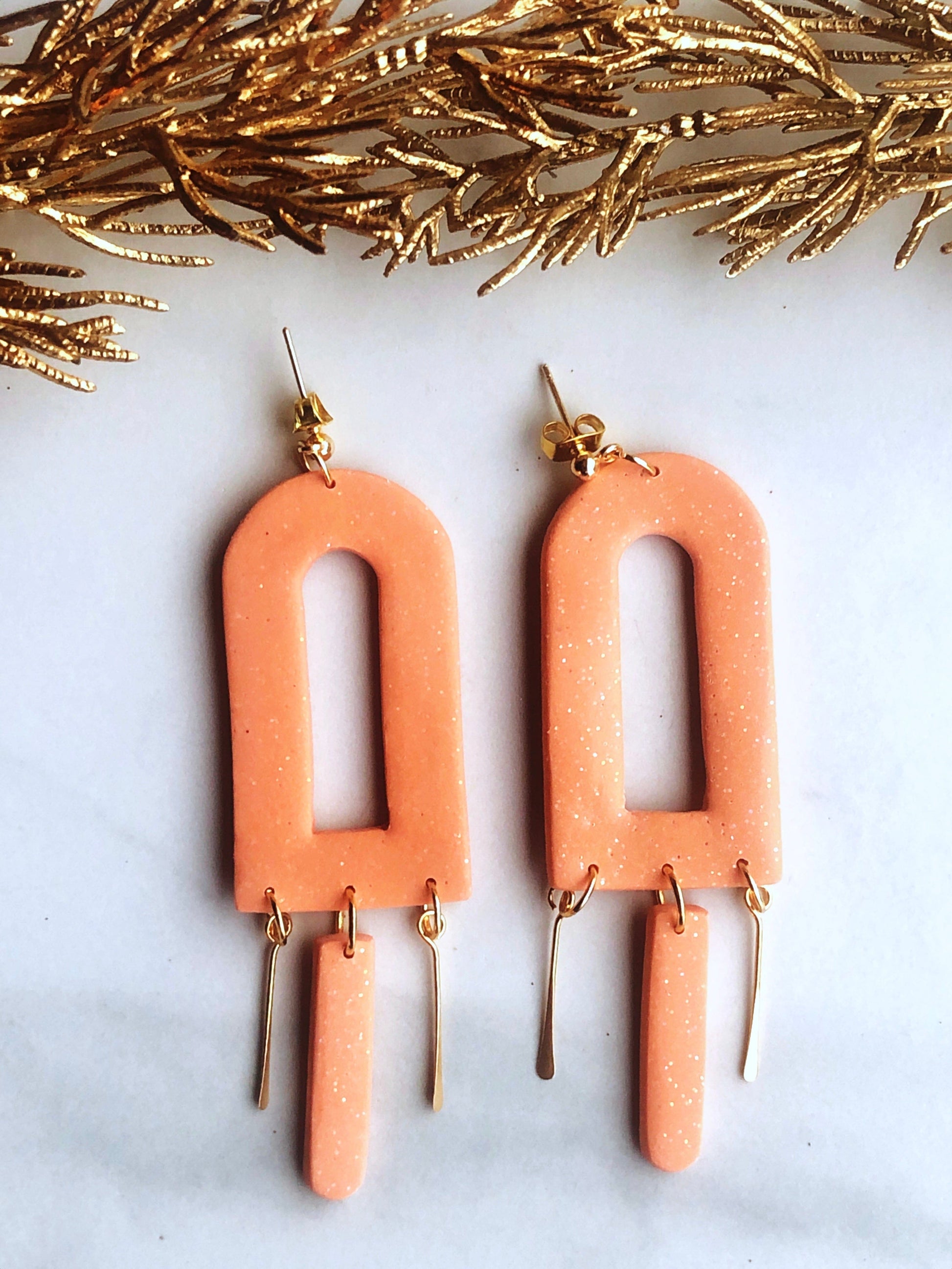 Earrings Mirri - Orange Window Cutout with Gold & Rextangle Dangle Earrings