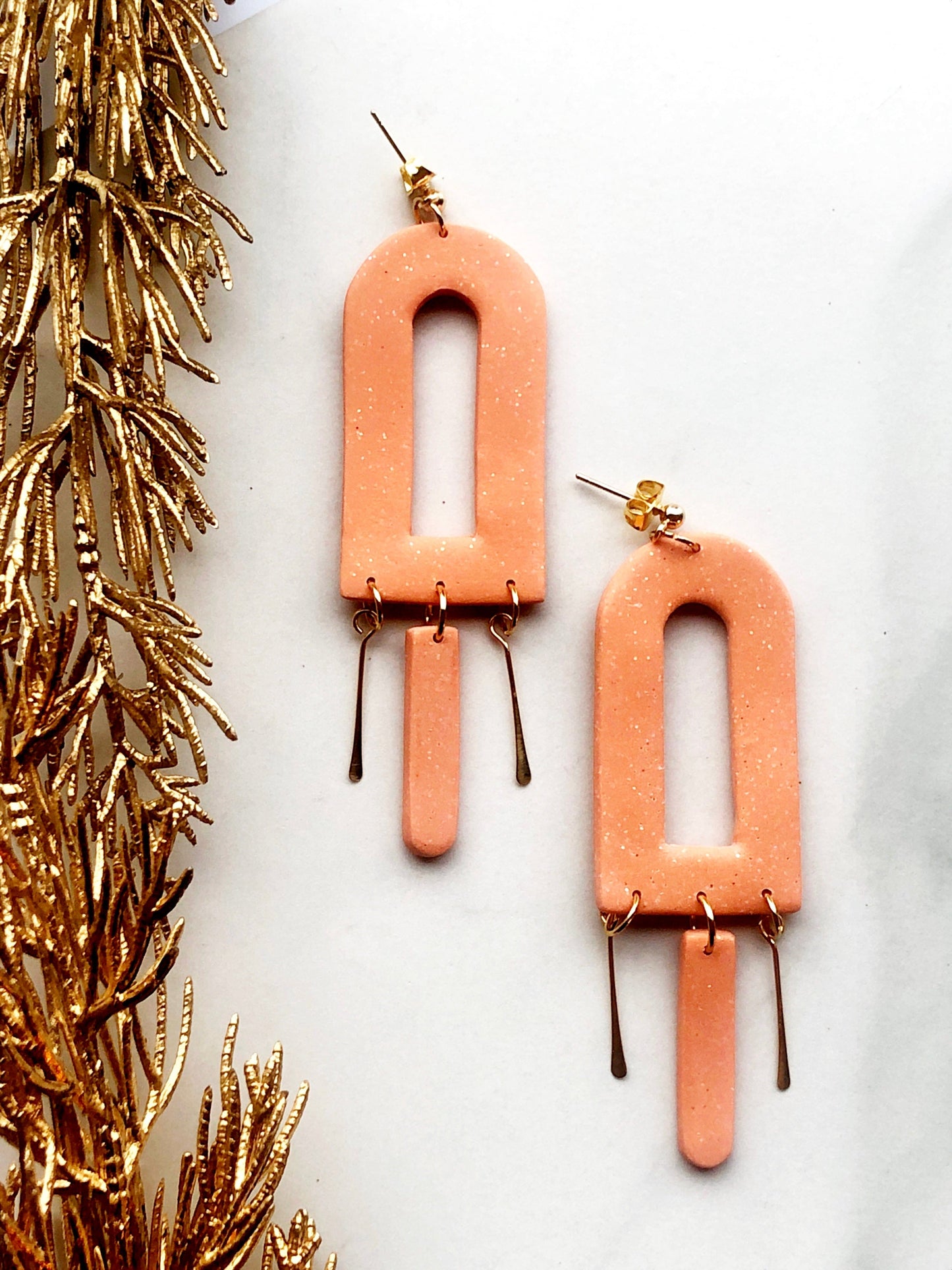 Earrings Mirri - Orange Window Cutout with Gold & Rextangle Dangle Earrings