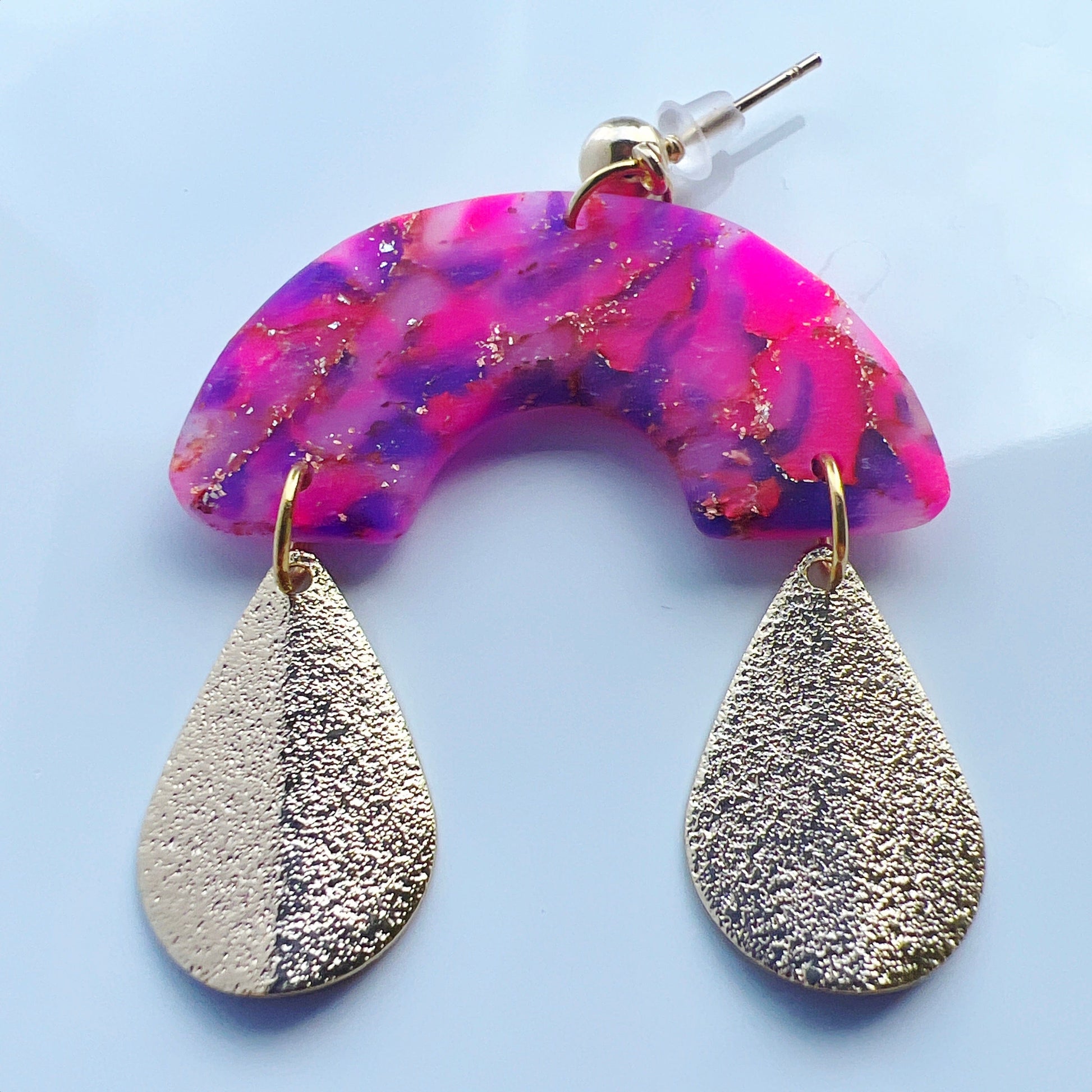 Earrings Nasrin - Pink, Purple, & Gold Half Arch Earrings with Gold Teardrops
