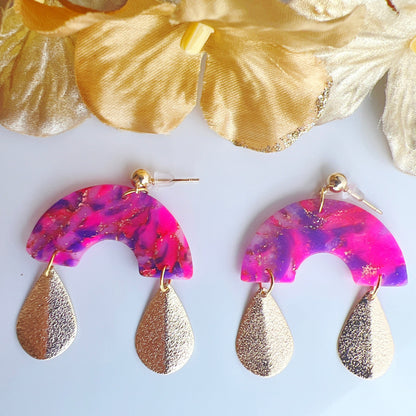 Earrings Nasrin - Pink, Purple, & Gold Half Arch Earrings with Gold Teardrops
