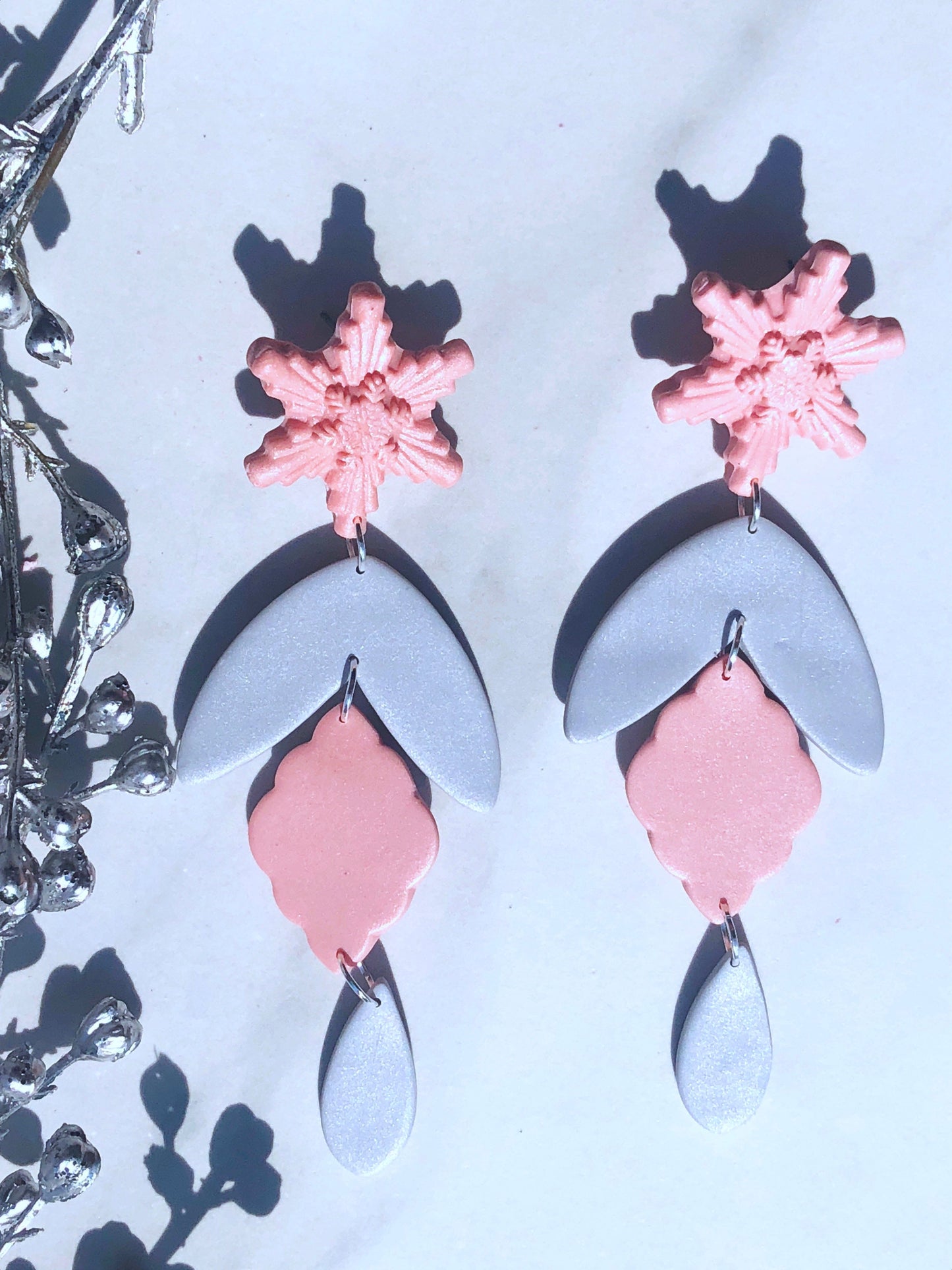 Earrings Neve Neve, Pink and Silver Polymer Clay Earrings, Snowflake Earrings