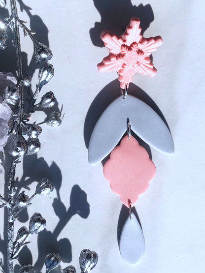 Earrings Neve Neve, Pink and Silver Polymer Clay Earrings, Snowflake Earrings