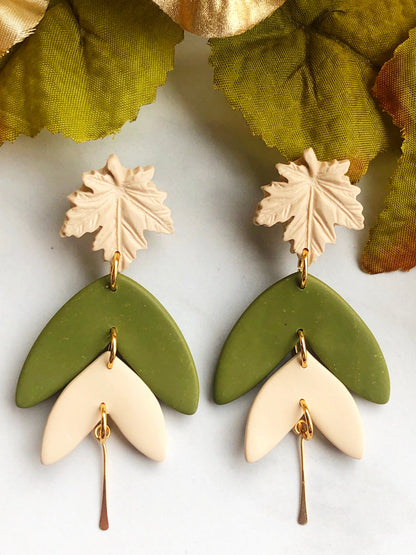 Earrings Olive - Cream Maple Leaf Stud Earrings with Olive/Cream Leaf Shapes