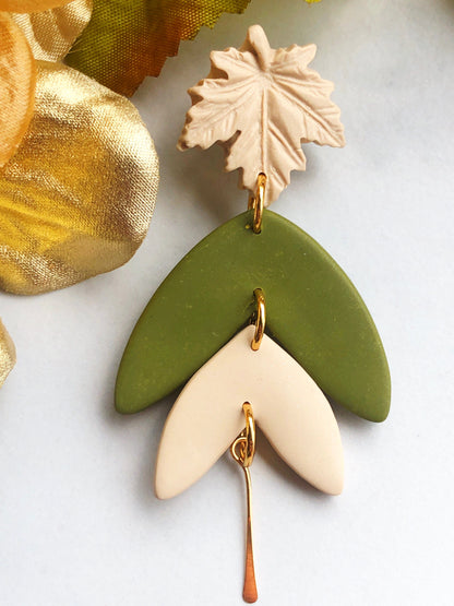 Earrings Olive - Cream Maple Leaf Stud Earrings with Olive/Cream Leaf Shapes