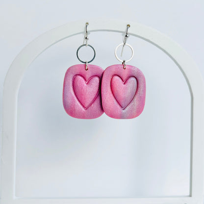 Earrings Purple & Pink Square Heart Hoops