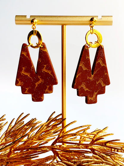 Earrings Rory - Gold Circle & Brown Reindeer Silkscreened Geometic Shape Earrings