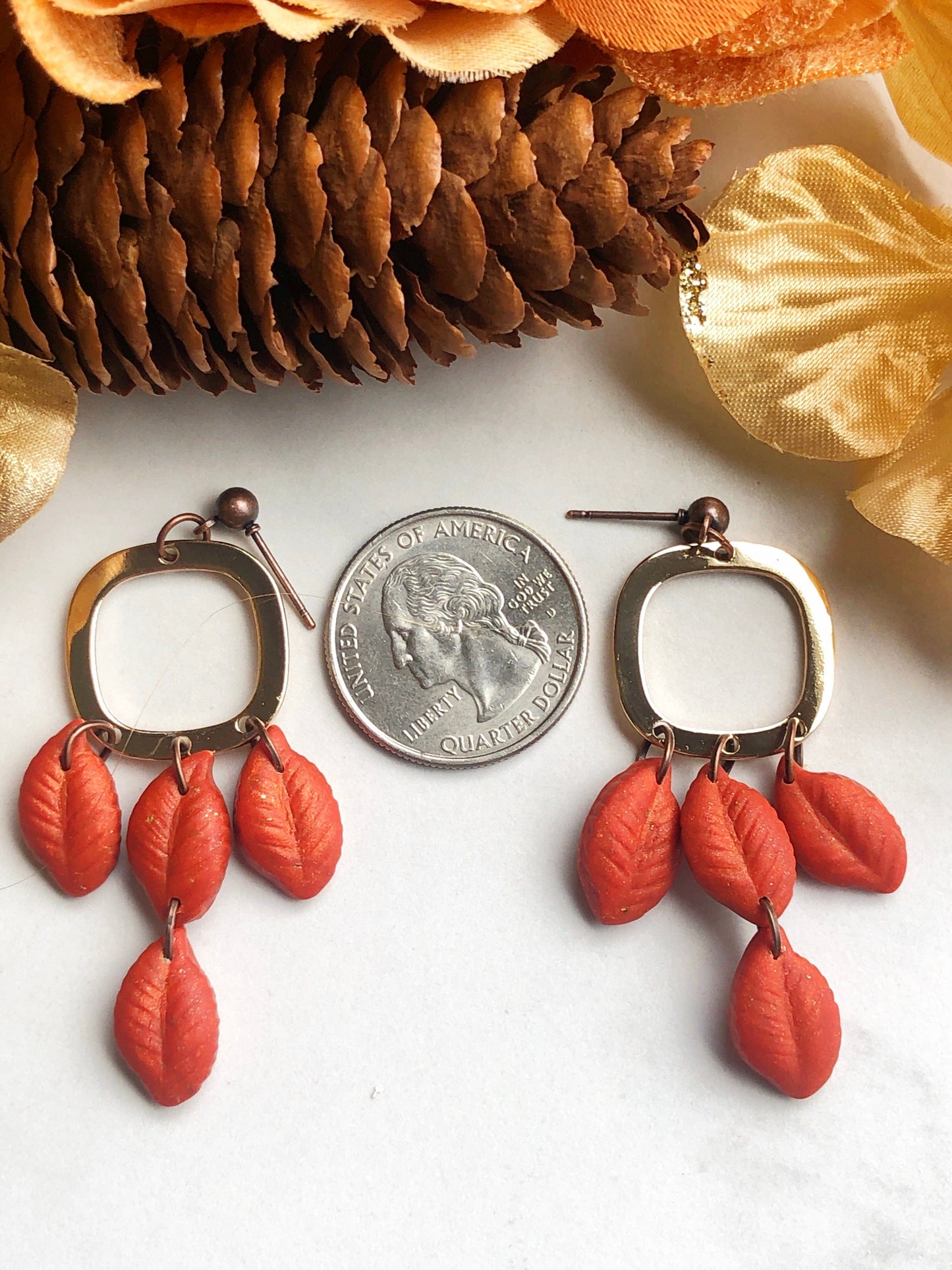 Earrings Saffron - Gold Square with Orange Leave Dangle Earrings