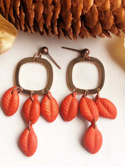 Earrings Saffron - Gold Square with Orange Leave Dangle Earrings