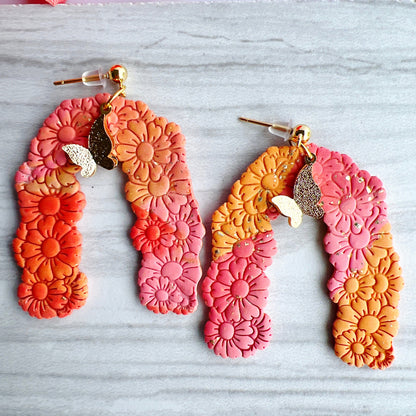 Earrings Talia - Sunset Floral Embossed Arches with Gold Butterflies