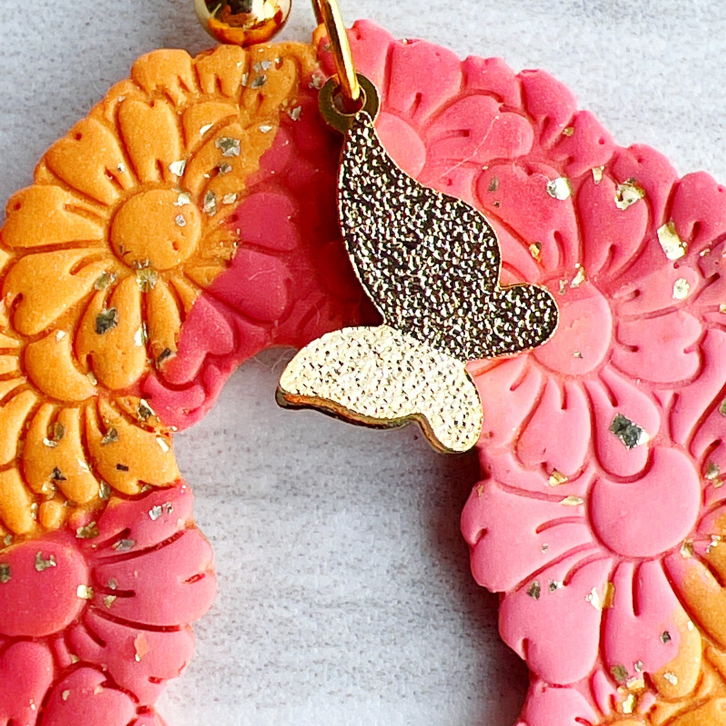 Earrings Talia - Sunset Floral Embossed Arches with Gold Butterflies
