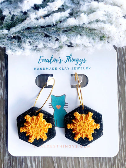 Earrings Thea - Black Octagon with Gold Snowflake Hoop Earrings
