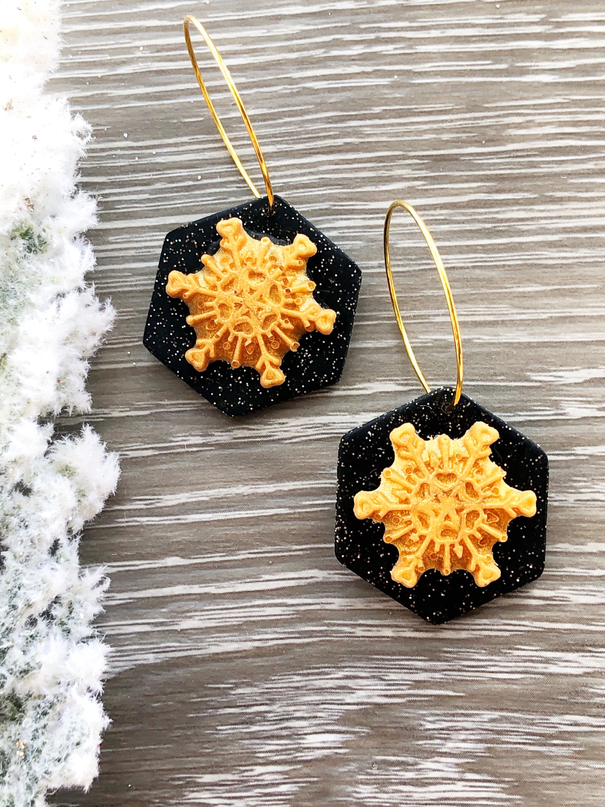 Earrings Thea - Black Octagon with Gold Snowflake Hoop Earrings