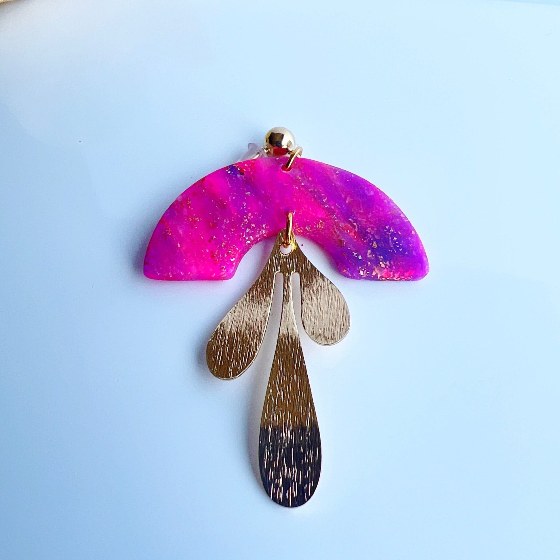 Earrings Zia - Marbled Pink, Purple, & Gold Half Arches with Gold Drop Leaf
