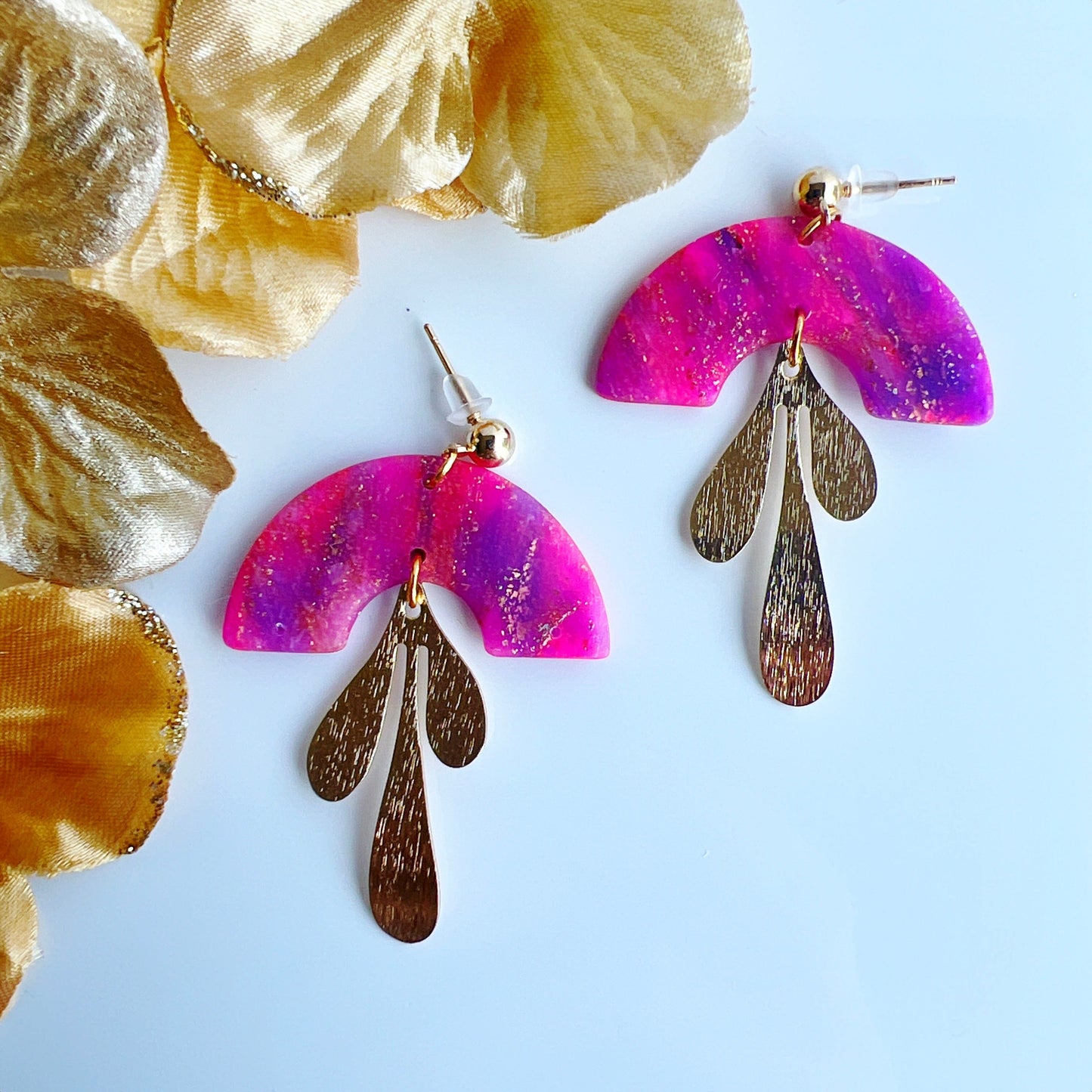 Earrings Zia - Marbled Pink, Purple, & Gold Half Arches with Gold Drop Leaf