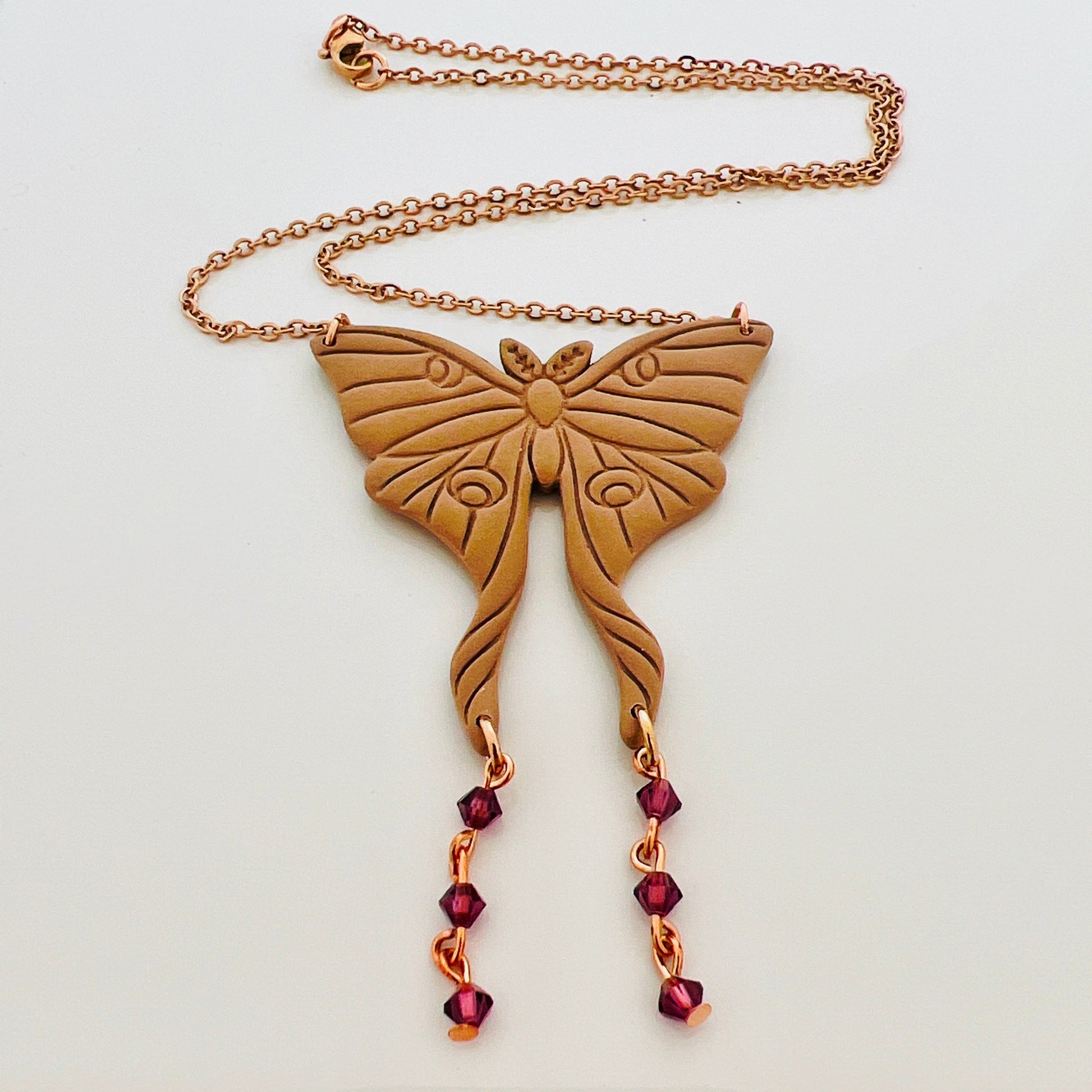 Necklace Brown & Gold with Fuschia Bicone Beads Moth Necklace with Beads