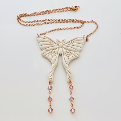 Necklace Cream & Rose Gold with Pink Bicone Beads Moth Necklace with Beads