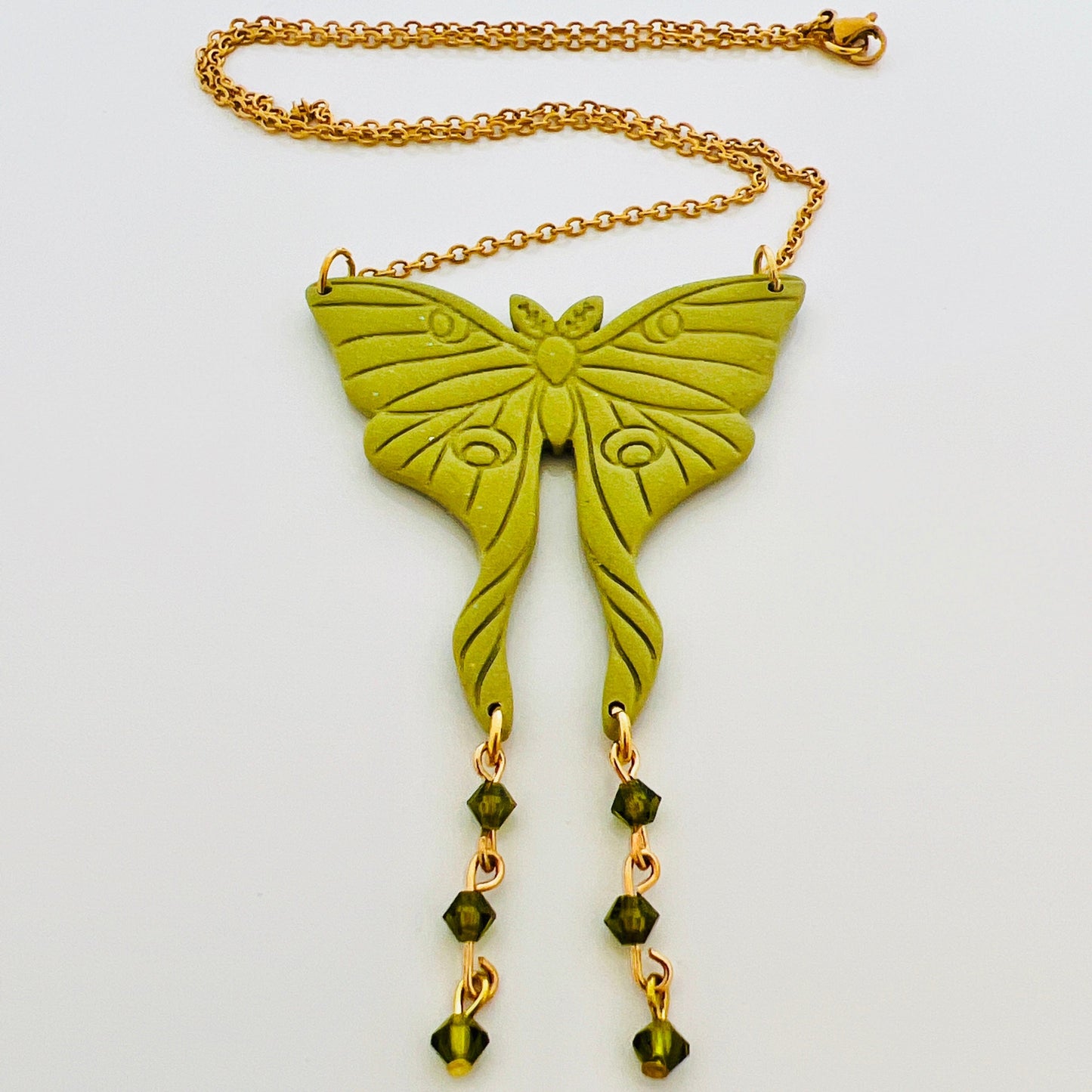 Necklace Olive Green & Gold with Olivine Bicone Beads Moth Necklace with Beads