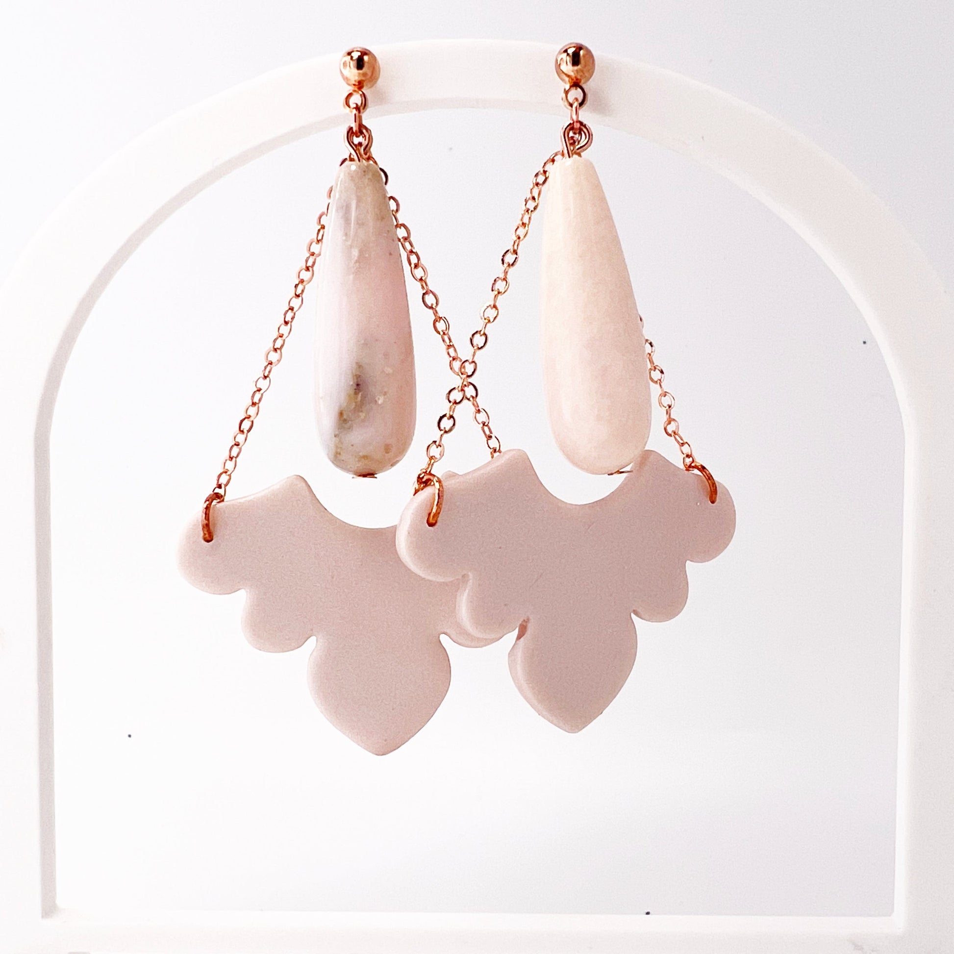 Mirren - Pale Pink Pearl Scallop with Natural Opal Teardrop Beaded Earrings