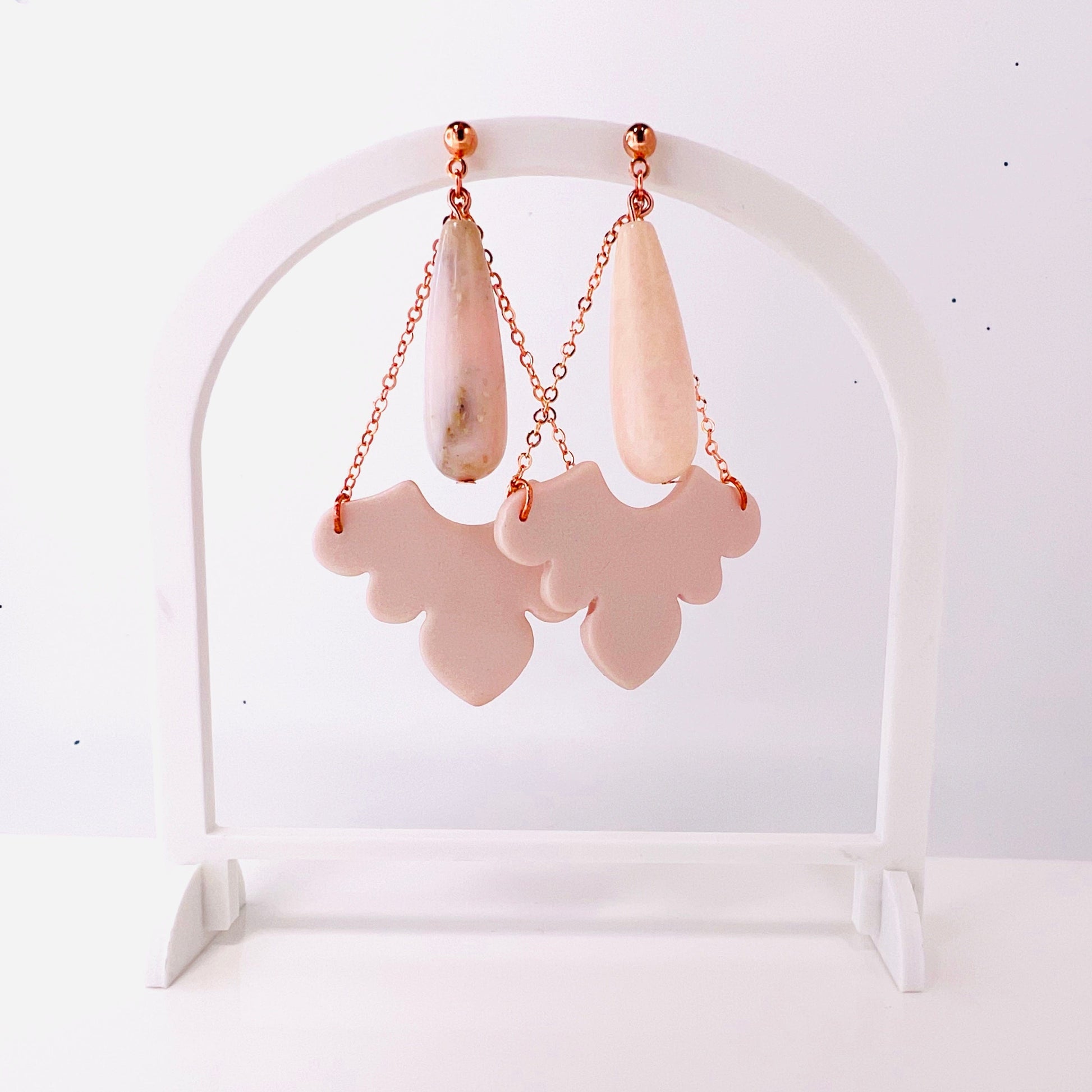 Pale Pink Pearl Polymer Clay Earrings with Teardrop Beads