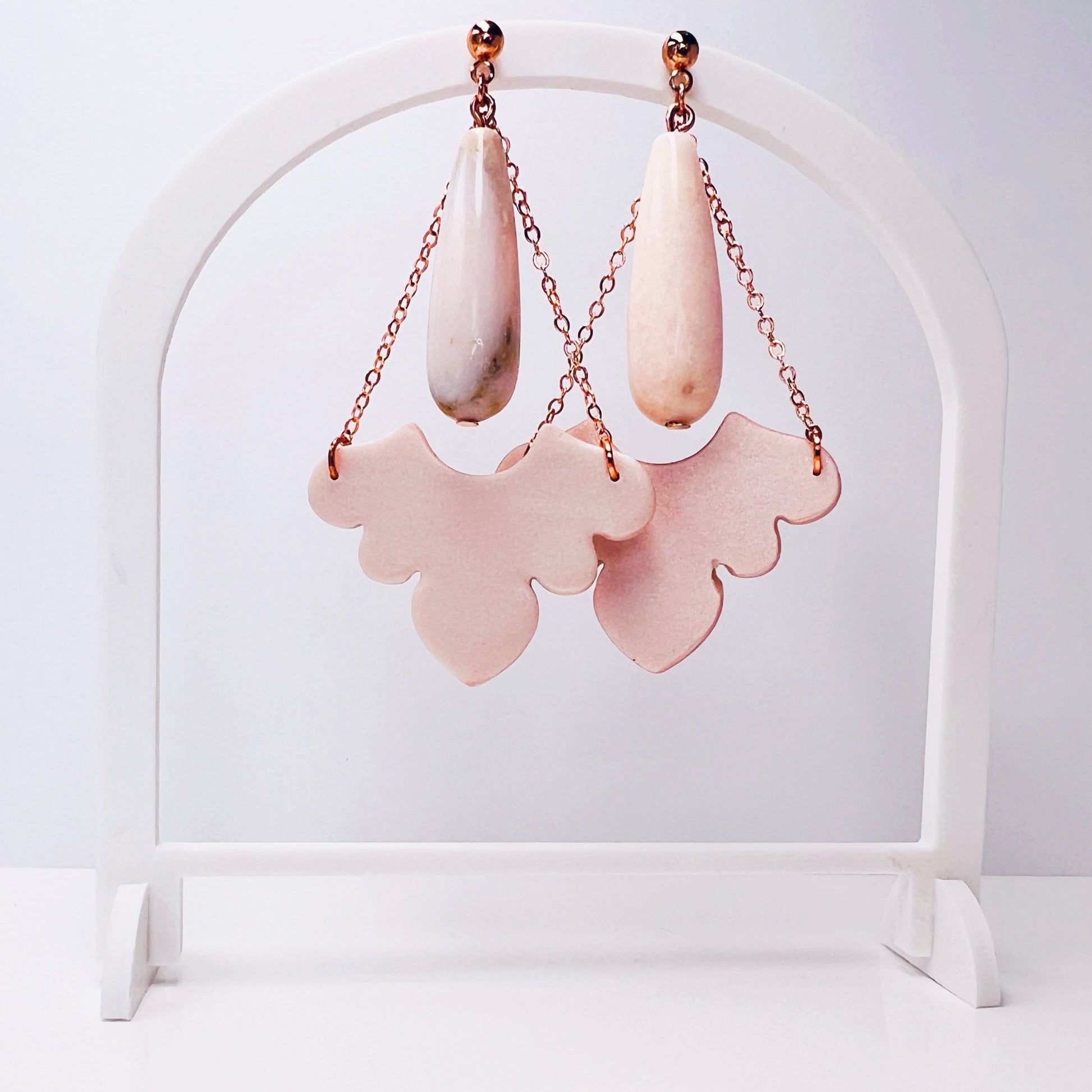 Mirren - Pale Pink Pearl Scallop with Natural Opal Teardrop Beaded Earrings
