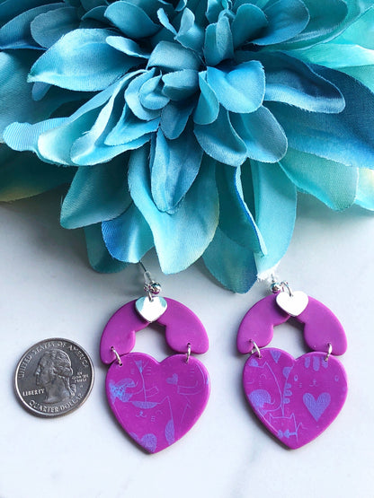 Earrings Tiffany - Purple Scalloped Arche Earrings with Cat Silkscreened Clay Hearts with Silver Heart Charms